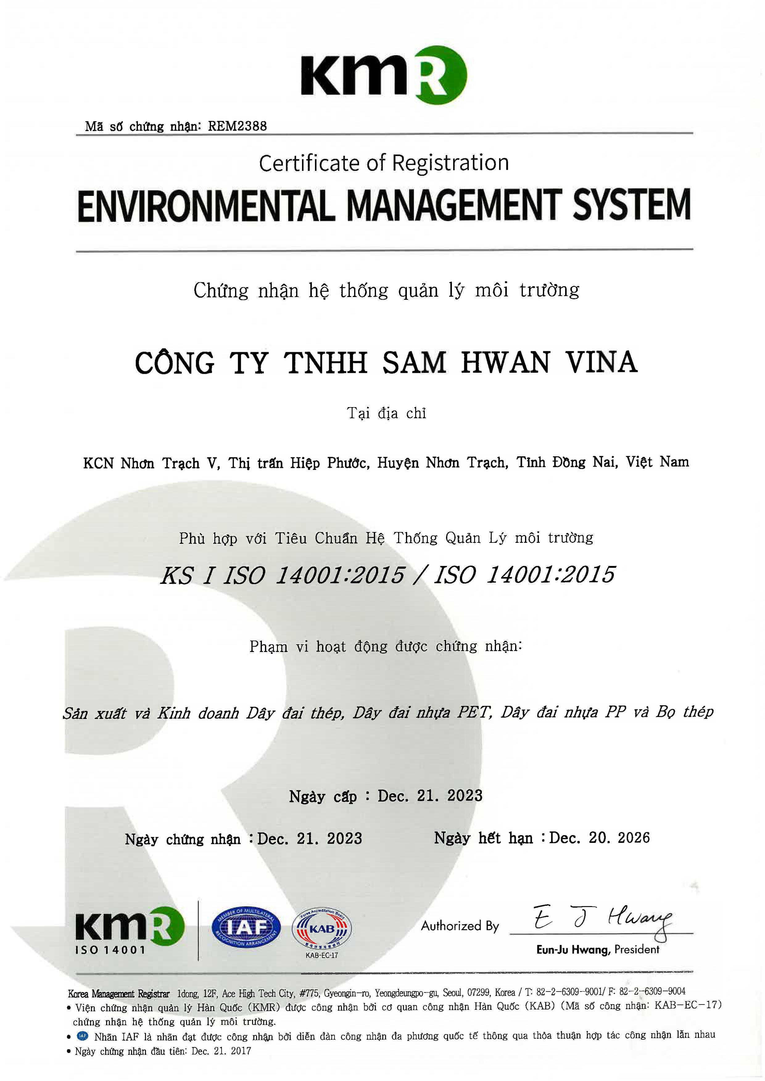 Chứng nhận - Công Ty Trách Nhiệm Hữu Hạn Sam Hwan Vina